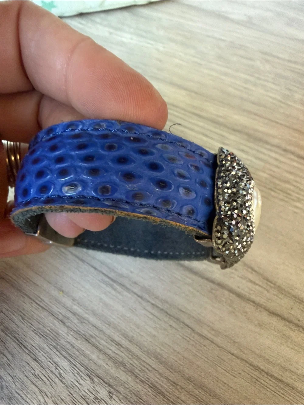 Blue Leather Crystal & Mother-of-Pearl Statement Bracelet